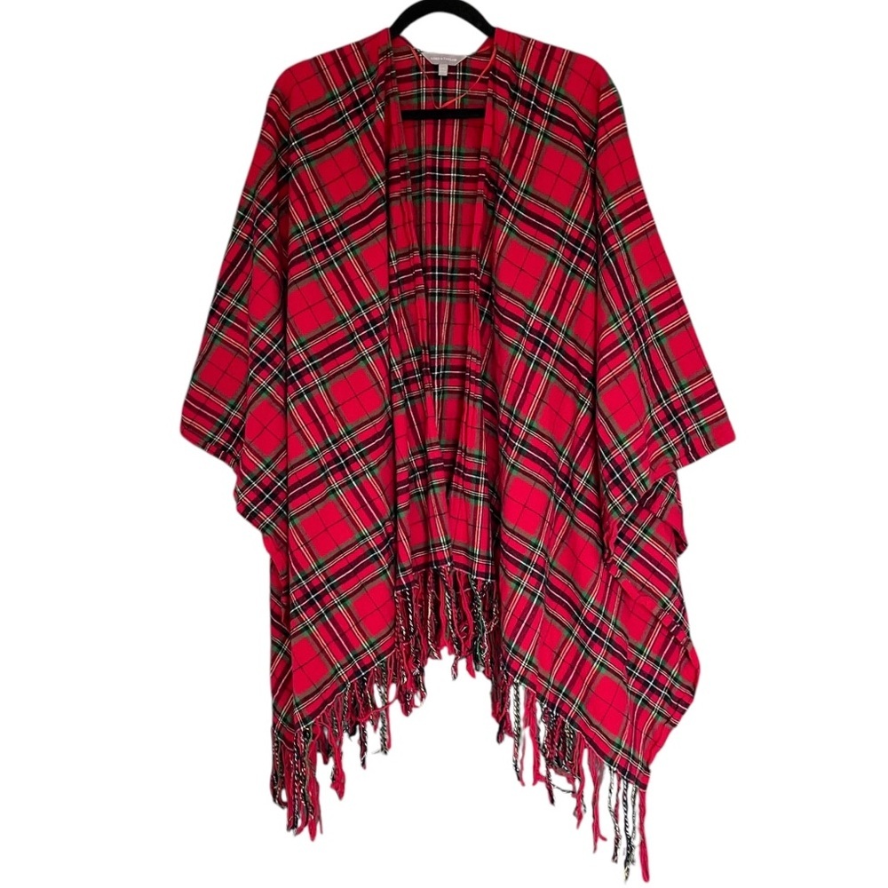 LORD & TAYLOR Cotton Plaid Tartan Serape Cape Poncho Wrap Red L/XL